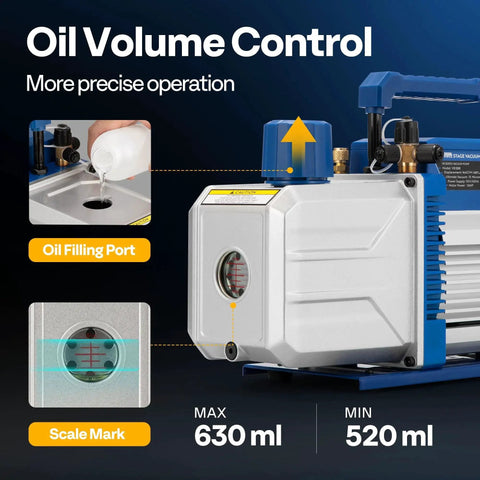 Close-up of Beefy 1.5 HP Two Stage HVAC Vacuum Pump with oil filling port and scale mark, highlighting precise oil volume control system.
