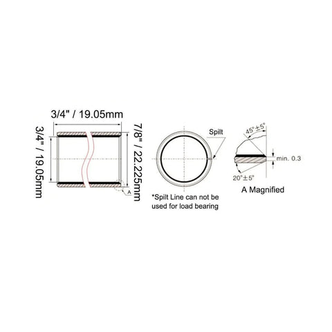 Technical diagram of Sleeve Bearing With Three Quarter Inch Bore Seven Eighths Inch Outer Diameter And Three Quarter Inch Length Wrapped Oilless Plain Bearings Pack Of 2