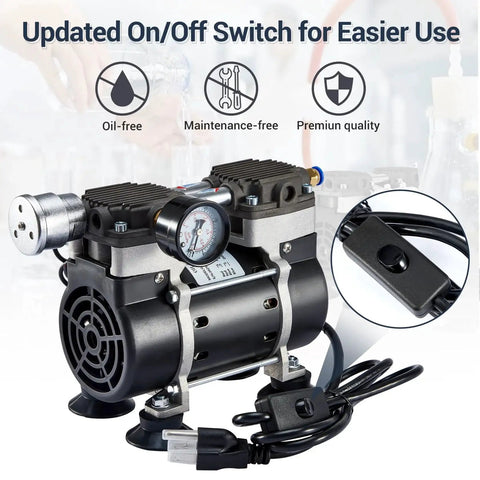 High Efficiency Oilless Vacuum Pump With Fifty Liters Per Minute Capacity And Simple On Off Switch Quiet Aluminum Silencer Vacuum Gauge Four Connectors For Laboratory Electronics Industry And Home Workshop Use