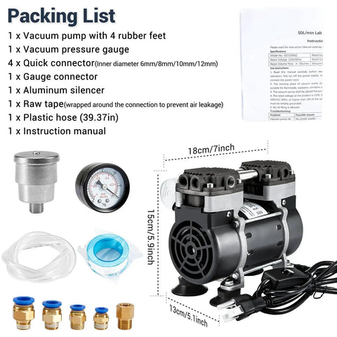 High Efficiency Oilless Vacuum Pump With Fifty Liters Per Minute Capacity And Simple On Off Switch with accessories and packing list