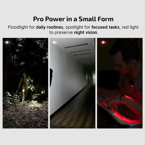 Three images showing OLIGHT Oclip Pro EDC Clip On Light in use for signaling and night visibility in dark outdoor and indoor settings.