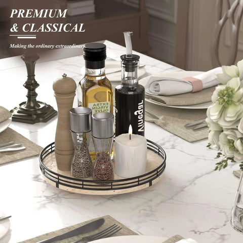 Italian natural travertine lazy susan turntable for table top, 10 inch round stone tray with black frame and condiments.