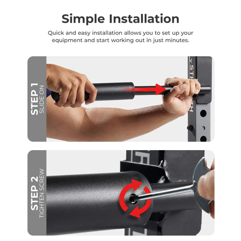 Close-up of a person installing a 2-Inch Olympic Weight Plate Sleeve Adapter for Power Racks and Home Gyms Converts 1-Inch Standard Posts to 2-Inch