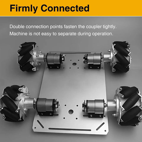 Assembly with heat-treated 8mm flange couplings for RC motors providing rugged, precise shaft joins in compact builds with four connectors.
