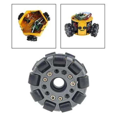 Omnidirectional Robot Wheel 3.94 Inch DIY Car Parts Flexible Maintenance shown with robot car installation examples.