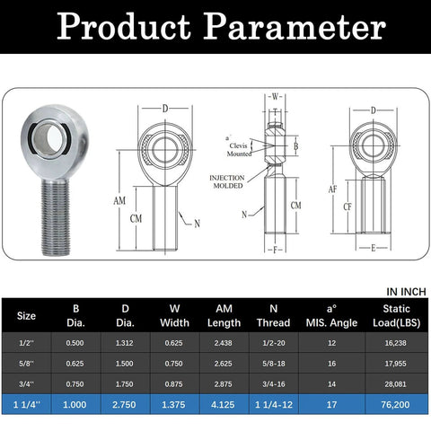 1 1/4 Heim Joints Rod End Kit with Right and Left Hand Threads, technical diagram and dimensions chart for steering or suspension use