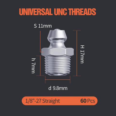 One Eighth Inch Twenty Seven Zerk Grease Fittings Kit universal UNC threads specifications