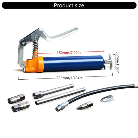 One Handed 120cc High Pressure Grease Gun for Precise Lubrication in Heavy Duty Machines, with attachments and dimensions