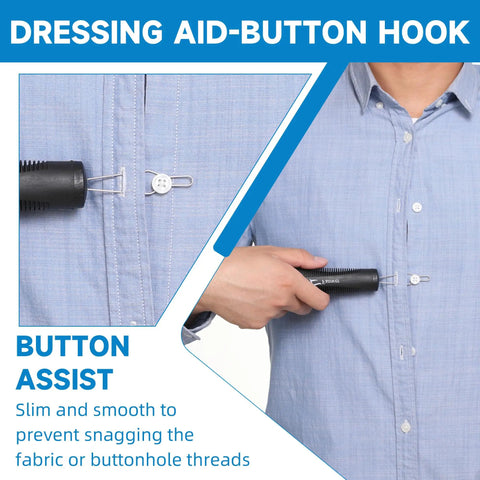 Man using Two Pack Button Hook And Zipper Pull Helper For One Handed Dressing Aid, Easy Buttoning And Zipping on blue shirt.