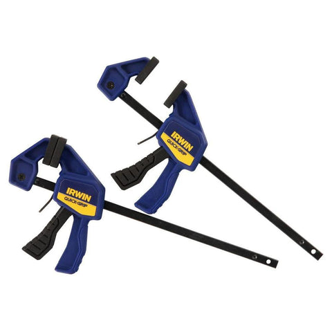 IRWIN Quick-Grip bar clamps for woodworking, two blue and black one-handed micro clamps, 4-1/4" capacity.