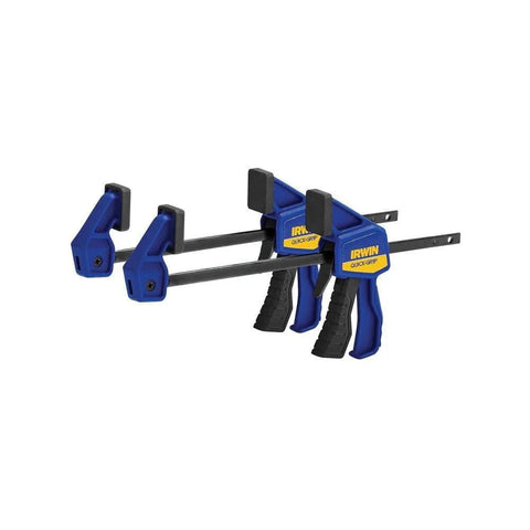 One Handed Micro Bar Clamps For Woodworking 4-1/4 Inch, 2 Pack, Quick Release With Non Marring Pads, 35 Lbs Clamping Force, 1-3/16 Inch Throat, side view showing both clamps.