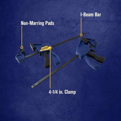 IRWIN Quick-Grip bar clamps, blue/black, 4-1/4 in, two-pack with non-marring pads