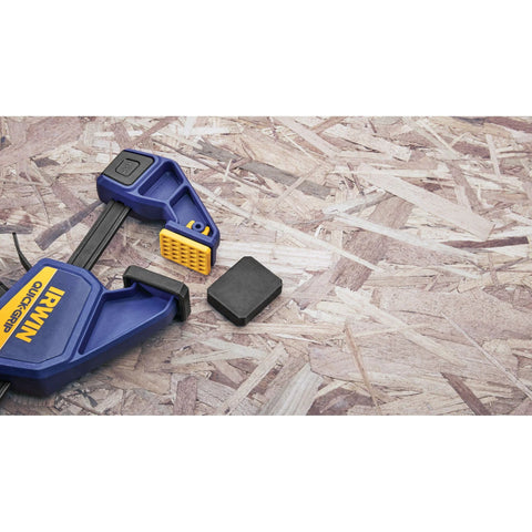 IRWIN Quick-Grip 6-inch blue mini bar clamp with yellow jaw, one-handed design, 4-pack
