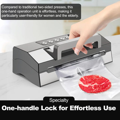 Kitchen vacuum sealer in gray/silver with top-control panel, built-in cutter and bag slot sealing a steak in a bag