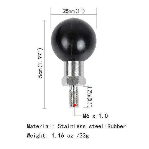 One Inch Ball Adapter With M6 X 1.0mm Threaded Post For RAM Mounts B Size Double Socket Arm And Screw Ball Head; diagram showing dimensions and materials.