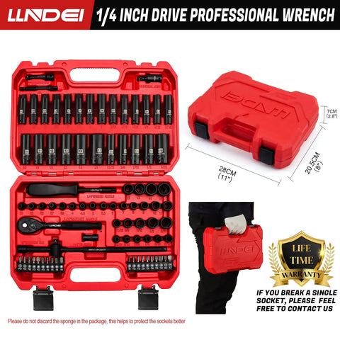 Impact Socket Set One Quarter Inch Drive 83 Piece With SAE And Metric Sizes from Five Sixteenths to Nine Sixteenths and Four to Fifteen Millimeter Includes 72 Tooth Ratchet Handle Pro Grade Built to Last Mechanics Tool Set with Adapter and Screwdriver in a red case, dimensions 28cm x 29.5cm, with warranty badge.