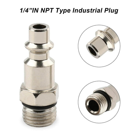 One Quarter Inch NPT Type Industrial Plug for air compressors and tools, featuring close-up views, metal construction, durable design.