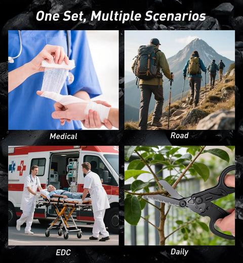 Collage of 6 In 1 Trauma Shears Foldable Kit used in medical, hiking, emergency, and daily scenarios.