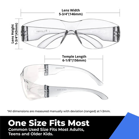 Clear Safety Glasses 24 Pack ANSI Z87.1 Impact Resistant Eye Protection UV400 dimensions and one-size fit detail