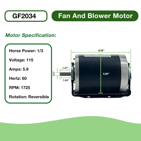 One Third HP Blower Motor For HVAC Systems 115V 60Hz 1725 RPM 48 Frame, side view with specifications chart.
