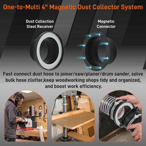 Magnetic dust collection fittings, one-to-multi 4" system for 4" and 2.5" hoses; steel receiver, Amazon.