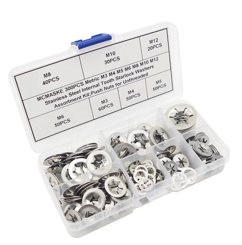 Open box of Stainless Steel Starlock Washers Kit 7 Sizes M3 to M12 External Push Rings, showing organized compartments.