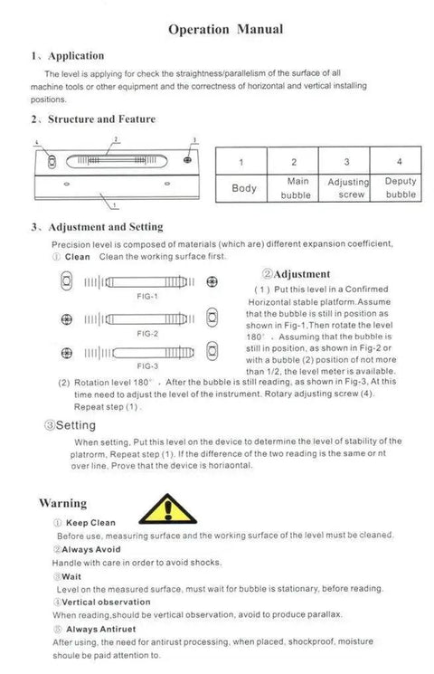 Operation manual for 8 Inch Master Precision Level with V Groove Base, detailing usage, adjustments, and warnings.