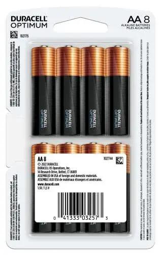 Optimum AA Batteries With Power Boost For Long Lasting Power 8 Count Pack in blister packaging, Duracell brand visible.