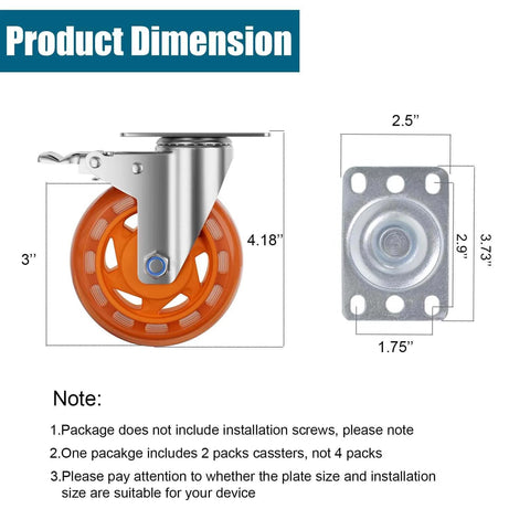 3 inch stainless steel caster wheels with total lock brake, SUS 304 washable heavy duty waterproof casters in a 2 pack dimensions diagram.