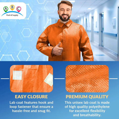 Person wearing orange disposable lab coat in hallway, close-up of fabric with hook and loop closure, no pockets, polyethylene coated polypropylene.