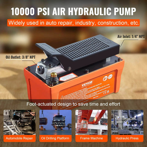 Air Hydraulic Pump, 10,000 PSI 1/2 Gal Reservoir, NPT 3/8" Oil Outlet, NPT 1/4" Inlet, orange foot-actuated hydraulic treadle