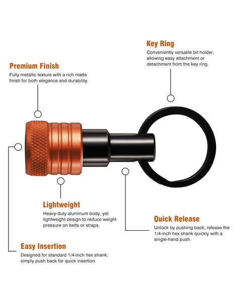 Orange Aluminum Bit Holder Key Chain Set With Twelve Pieces One Fourth Inch Hex Shank Bit Holders For Impact Drills And Nut Drivers Quick Release Screwdriver Extension Tool With Carabiner in premium finish showing key ring and lightweight design.