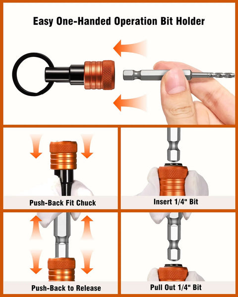Orange Aluminum Bit Holder Key Chain Set With Twelve Pieces One Fourth Inch Hex Shank Bit Holders For Impact Drills And Nut Drivers Quick Release Screwdriver Extension Tool With Carabiner A Solid Gift For Diy Guys in hand showing operation steps.