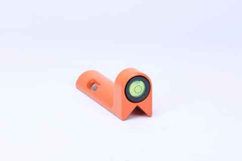 Adjustable Grade Rod Level Geoleni Aluminum Construction With 40 Minute Sensitivity Vial shown at an angle with orange finish.