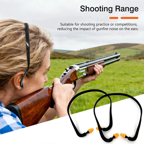 Person aiming rifle wearing Orange Banded Earplugs For Shooting Range 4 Piece Set Reusable Silicone Hearing Protection With Neck Band
