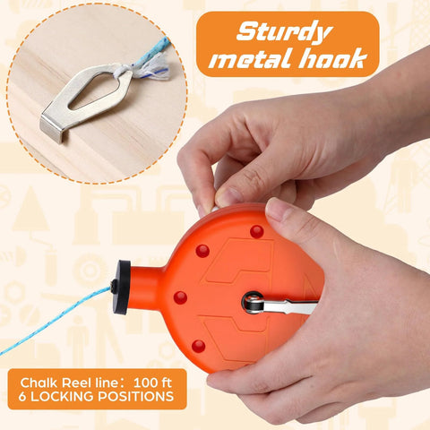 Two Pack 100 Ft Chalk Line Tool Reels Set With Portable PP Case Bright Orange For Construction Woodworking Decoration And Bricklaying To Help You Draw Straight Lines Clearly On Jobsites, showing hands using a chalk reel with sturdy metal hook.