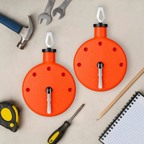 Two Pack 100 Ft Chalk Line Tool Reels Set With Portable PP Case Bright Orange For Construction Woodworking Decoration And Bricklaying To Help You Draw Straight Lines Clearly On Jobsites; two orange reels with tools.