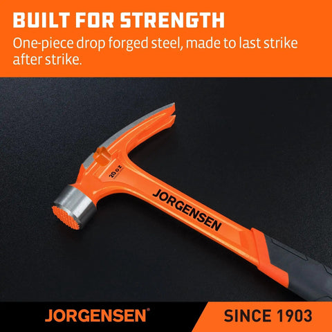 Heavy duty 20 oz straight claw hammer with magnetic nail holder, milled face, and one-piece forged steel build plus a shock absorbing grip