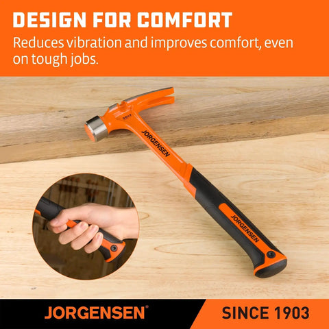 Heavy duty 20 oz straight claw hammer with magnetic nail holder, milled face, one-piece forged steel, shock absorbing grip.