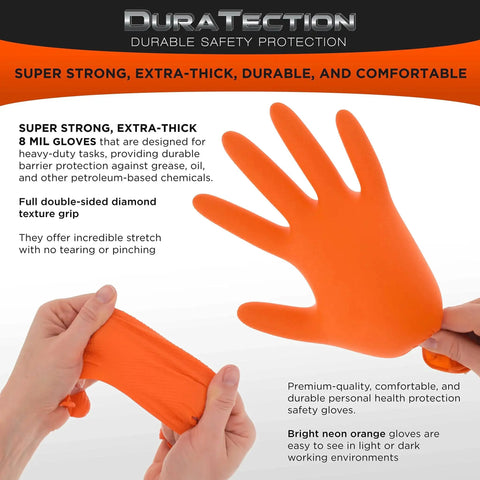 8 Mil Orange Diamond Textured Nitrile Disposable Gloves Medium 3 Boxes 100 in use and stretch demonstration