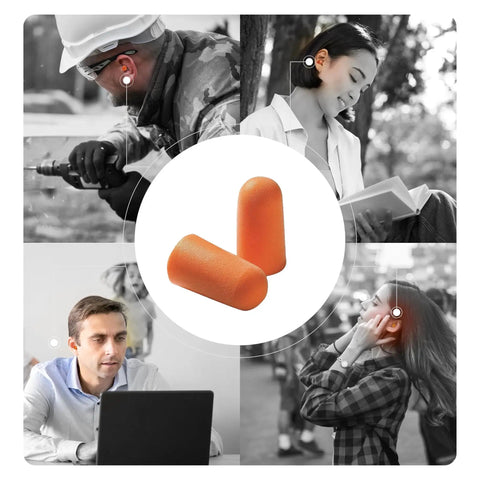 Image of Disposable Ear Plugs Pack Of 200 Pairs With 32 dB Noise Reduction Soft Foam, shown in various everyday scenarios for hearing protection