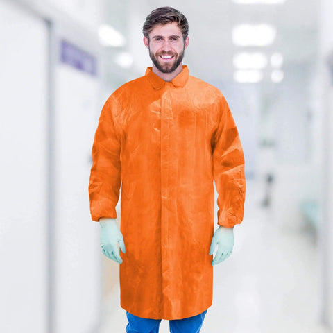 Orange Disposable Lab Coats For Adults 3X-Large Pack Of 10 Pro Grade With Hook And Loop Closure worn by man in lab