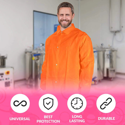 Man wearing large orange disposable lab jacket in lab setting, featuring elastic wrists, snap front, and collar for liquid protection.