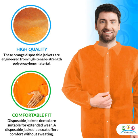 Man wearing Orange Disposable Lab Jackets For Adults Large Pack Of 30 Pro Grade Polypropylene Medical Coats With Elastic Wrists Snap Front And Collar Durable Lightweight Protection From Water And Liquids For Work In Lab And Medical Settings
