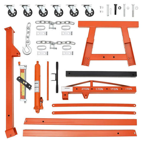 Heavy Duty Beefy 4000 Lb Engine Hoist With Lever And Tilting Boom Folding Cherry Picker Hydraulic Engine Lift Shop Crane On 6 Iron Caster Wheels Telescopic Boom 2 Ton Orange GarveeTech parts laid out.