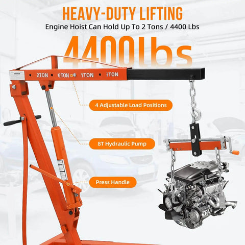 Heavy Duty Beefy 4000 Lb Engine Hoist With Lever And Tilting Boom Folding Cherry Picker Hydraulic Engine Lift Shop Crane On 6 Iron Caster Wheels Telescopic Boom 2 Ton Orange GarveeTech lifting an engine