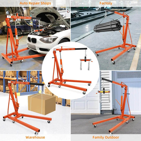 Heavy Duty Beefy 4000 Lb Engine Hoist With Lever And Tilting Boom Folding Cherry Picker Hydraulic Engine Lift Shop Crane On 6 Iron Caster Wheels Telescopic Boom 2 Ton Orange GarveeTech in auto shops, factory, warehouse, and outdoor use.
