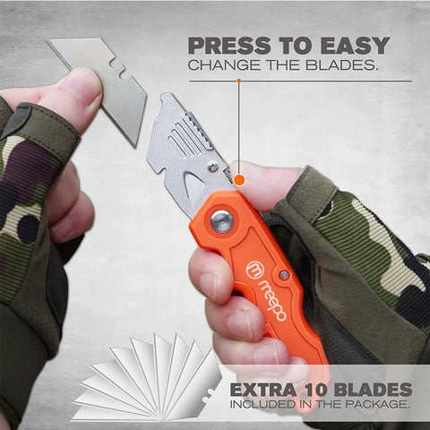 Person changing blade in 4 Pack Heavy Duty Folding Box Cutter Set With Razor Sharp Blades And Comfortable Handle Includes Ten Extra Blades