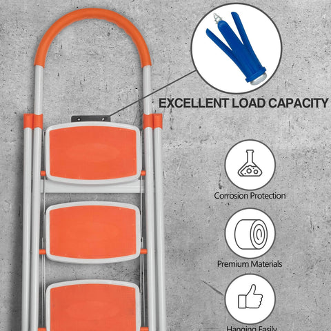 Orange step ladder demonstrating excellent load capacity with premium materials, corrosion protection, and hanging ease