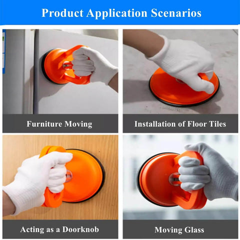 Two Pack Glass Vacuum Suction Cups Lifter Dent Puller Tool in various uses like moving furniture, tiles installation, doorknob, and glass moving